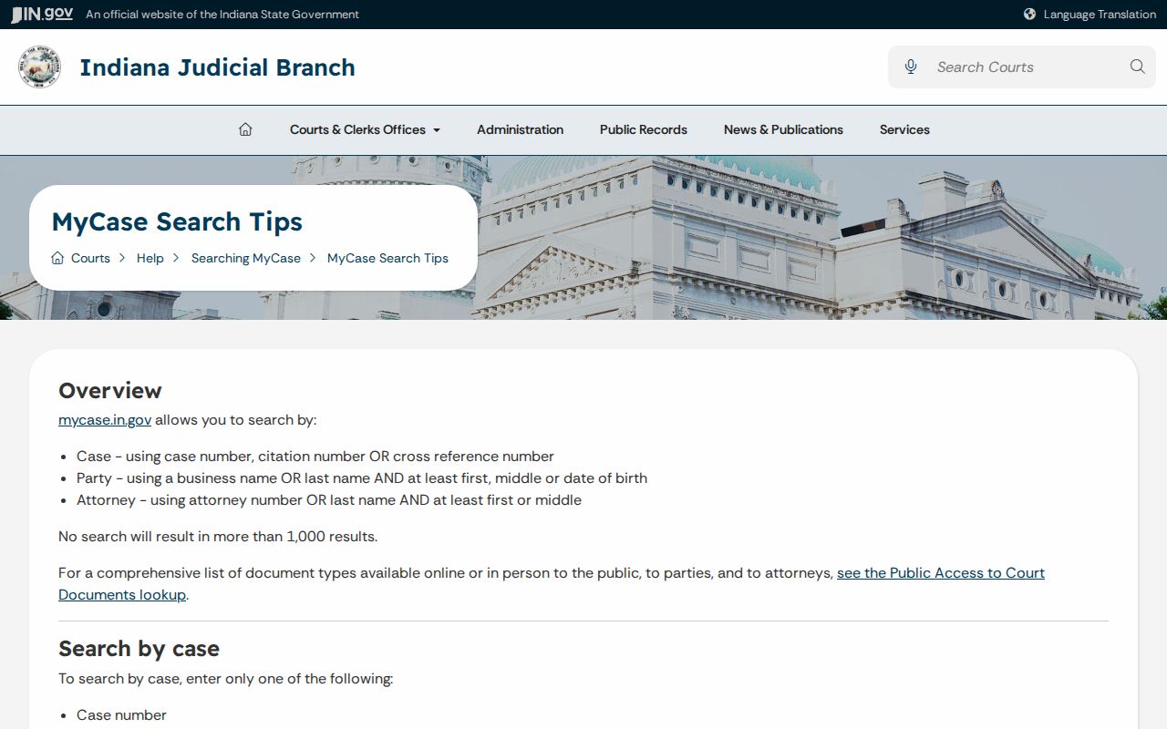 Indiana court records MyCase search guidance