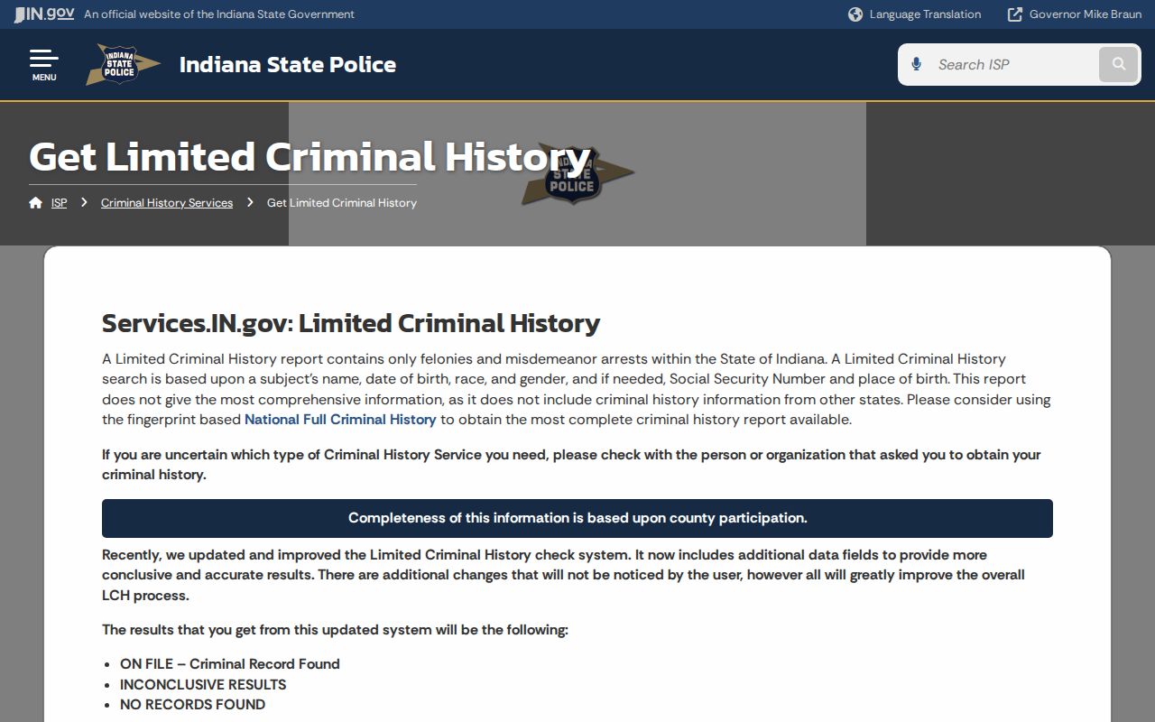 Indiana criminal court records Limited Criminal History instructions