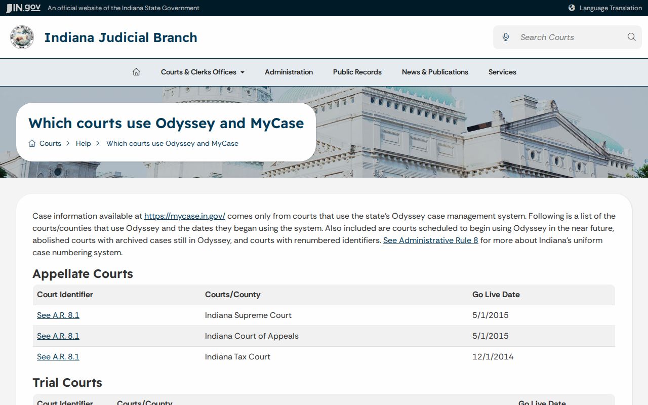 Indiana court records Odyssey court coverage