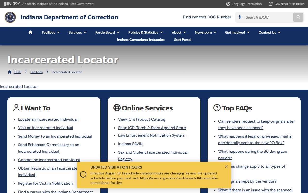 Indiana inmate records in the IDOC Incarcerated Locator