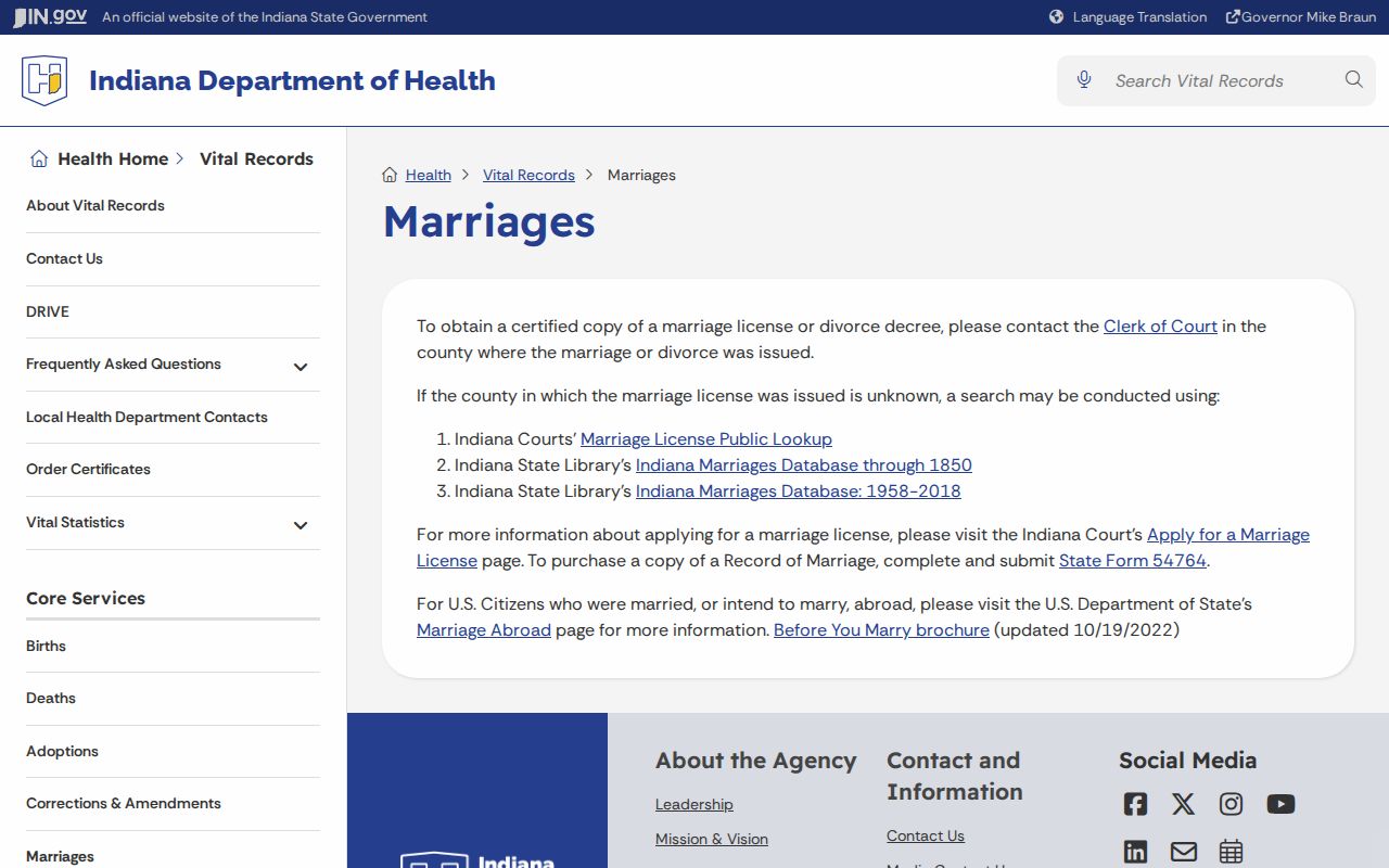 Indiana marriage and divorce records state marriage service