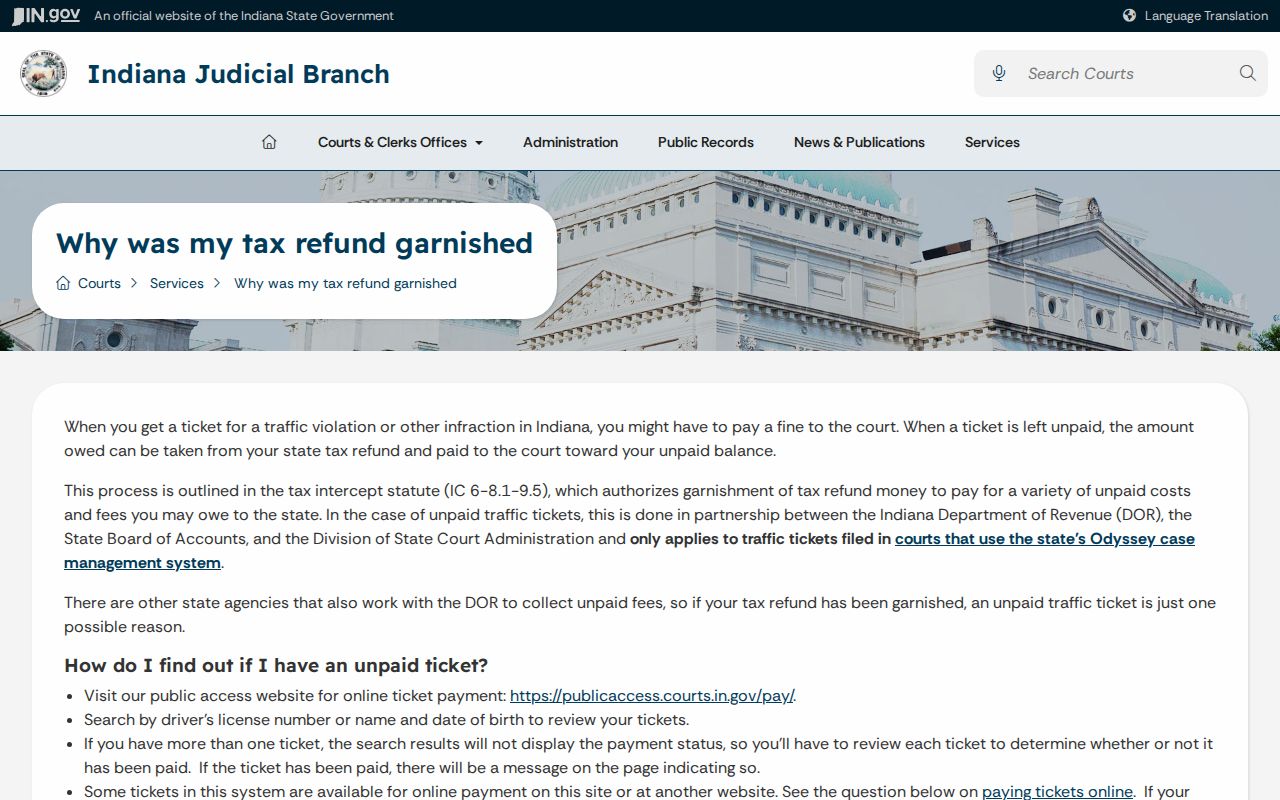 Indiana traffic court records and unpaid ticket tax refund guidance